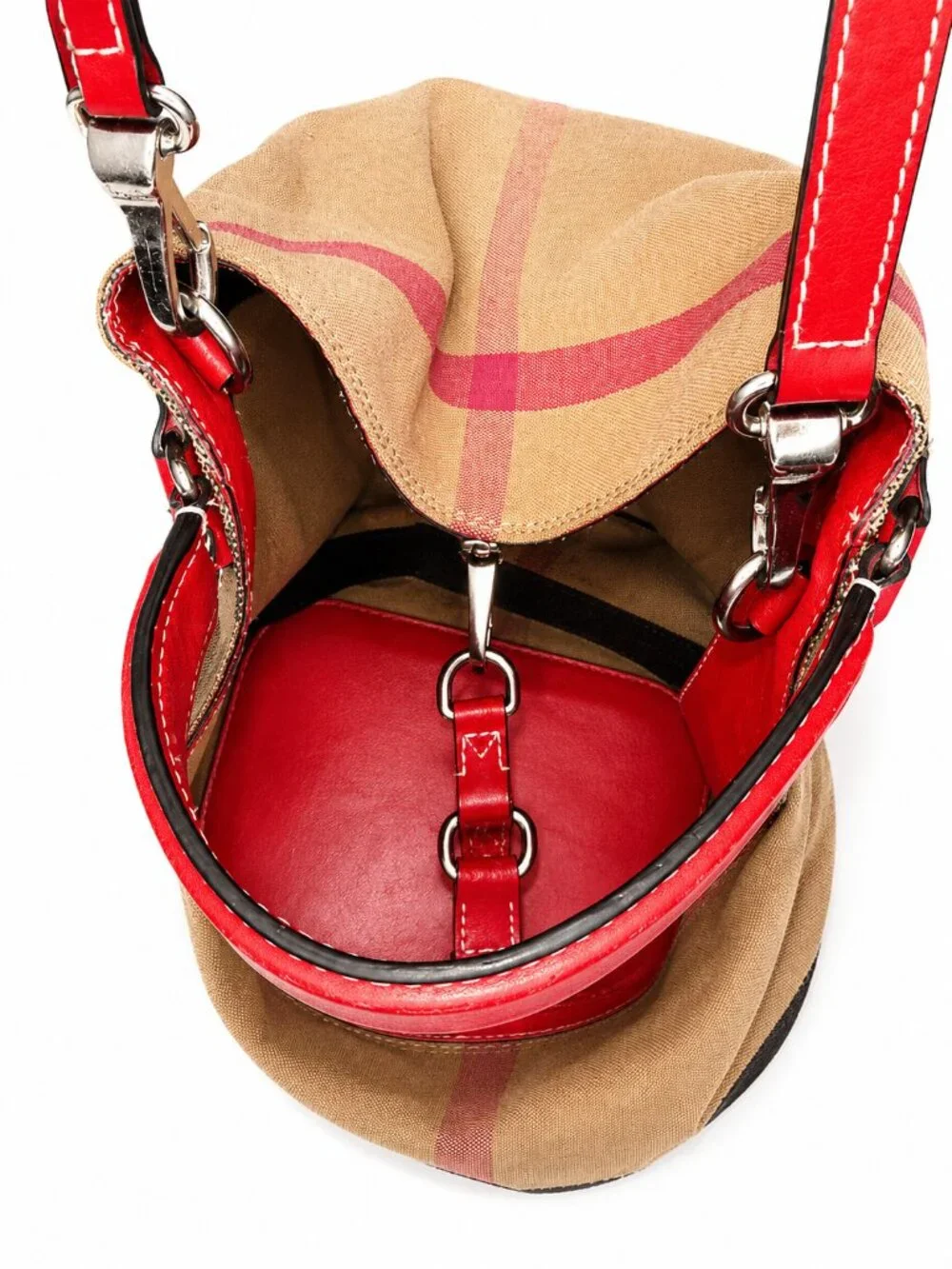 Burberry Ashby Check Canvas Bucket Bag Red Leather SHW + Pouch & Strap